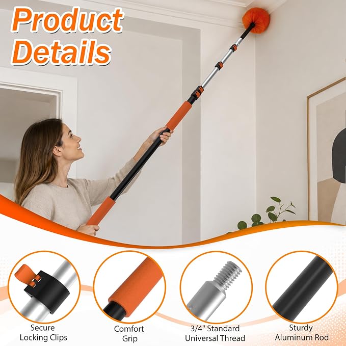 SISUPASSIE 20FT Reach High Ceiling Duster Kit, Window Cleaning kit with 3-12FT Extension Pole, Fan Duster for Ceiling Fan Blades, Microfiber Feather Duster, Rotatable Window Squeegee and Cobweb Duster