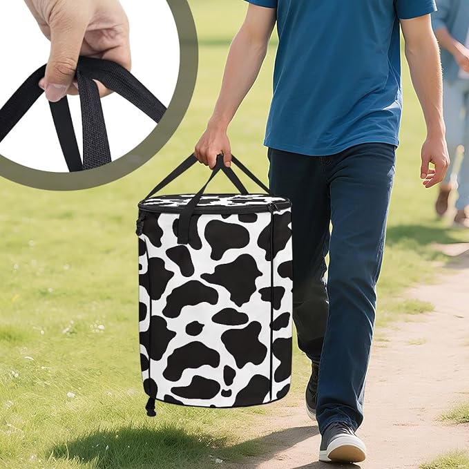 Cow Print 24 Gallon Large Capacity Collapsible Trash Can with Lid and Handles Outdoor Camping Waster Bag Garden Leaf Bin/Laundry Hamper/Childrens Toy Bin
