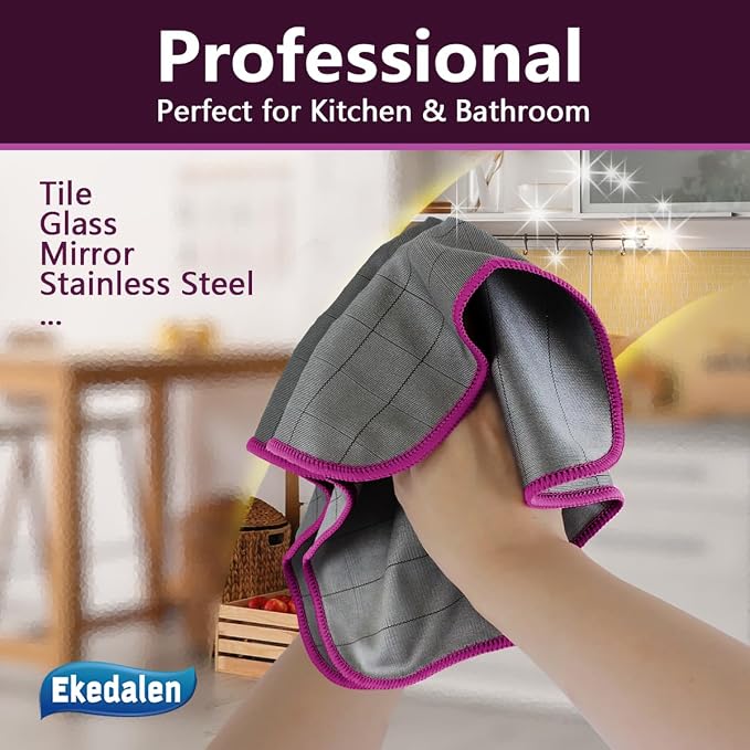 Microfiber Cleaning Cloth Lint Free Glass Polish, Purple-Dark Grey | 400GSM Carbon Fiber Cloth for Glass Window Mirror Kitchen, Streak Free, Auto Detailing Easy Clean, 16 x12 in, 6 Pcak