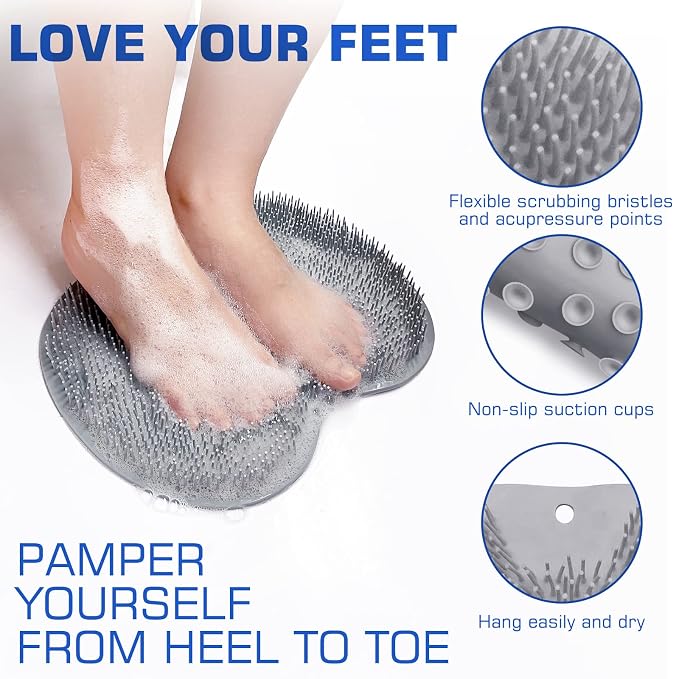 2PACK Shower Foot Scrubber Mat Back Washer Back Exfoliating Bath Wash Pad Wall Mounted Slip Suction Cups Foot Scrubber for Use in Shower Cups Foot Cleaner for Men and Women