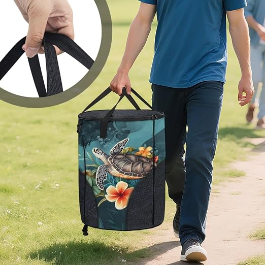 BIGCARJOB Flower Turtle Outdoor Trash Can Storage Collapsible Pop-up Recycle Trash Can 22.83x17.71 Waterproof Garbage Bin Bag with Lid and Clip