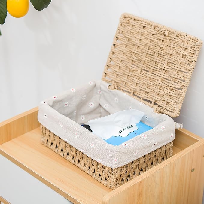 GIB Small Wicker Storage Baskets with Lid/Liner Woven Cute Decorative Boxes | Boho Paper Rope Baskets for Shelves Table Desktop Organizing, Bathrooom Makeup Organizer Storage Bins Container, Set of 3