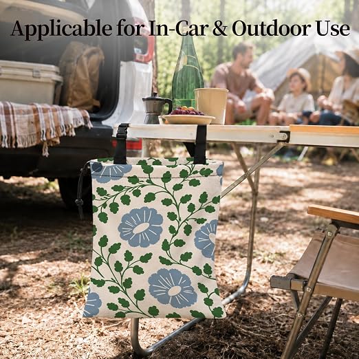 Blue Floral Car Garbage Bag Canvas Trash Can | Cottagecore Rustic Flower Drawstring Car Trash Bag Hanging for Back Seat with Adjustable Buckle