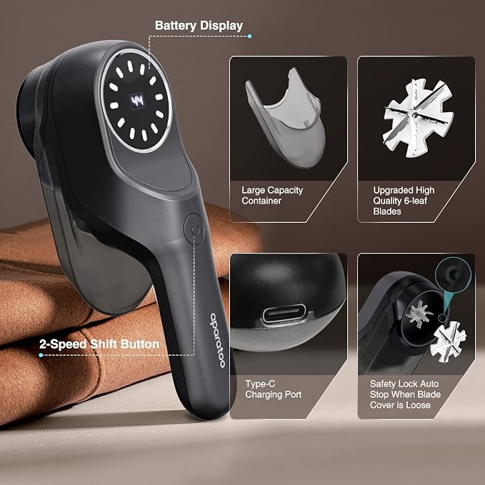 Fabric Shaver for Clothes, 2 Modes Lint Remover with 3 Stainless Steel 6-Leaf Blades, Electric Sweater Shaver Defuzzer with Battery Display Fast Remove Fuzz Lint Balls Pills Bobbles