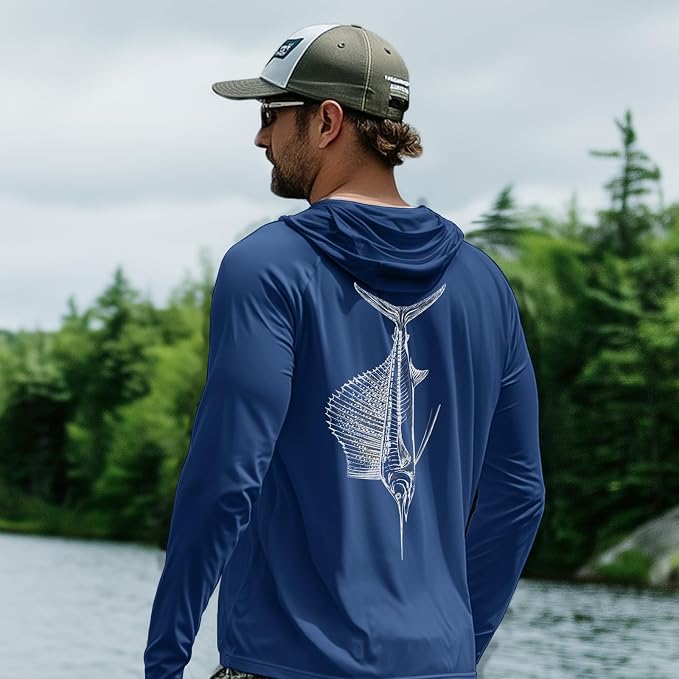 Palmyth Men's Fishing Hoodie UPF 50+ Long Sleeve with Face Mask Neck Gaiter | Zipper Pocket, Thumb Loops, Quick-Dry, Side Mesh Panels, Lens Cleaning Cloth