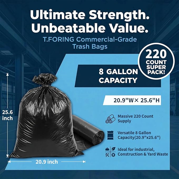 Medium Trash Bags 8 Gallon Heavy Duty, 0.94 Mil, Black, 220 Count | 30 Liter Garbage Bag, Plastic Waste Basket Can Liners, Unscented, Leakproof, Tear Resistant, for Bathroom Office Kitchen Bulk