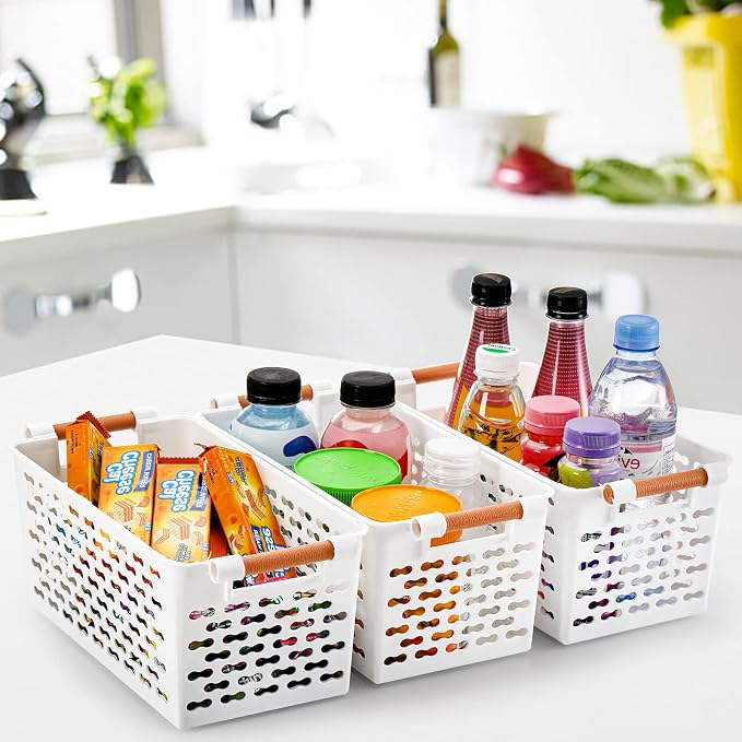 Yesland 6 Pack Plastic Storage Basket (10" L x 5" W x 5" H), White Organizing Bins with Handles, Sturdy Closet Baskets for CD/Office Supplies, Small Bathroom Pantry Kitchen Organizer