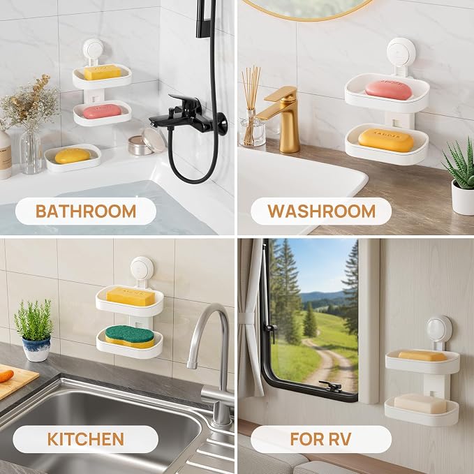 LEVERLOC Soap Holder, Soap Dish for Shower, Suction Cup Bar Soap Holder | 2 Layer Soap Bar Holder for Shower, Wall Mounted Self Draining, NO Drill Sponge Holder for Bathroom, Bathtub Kitchen Sink