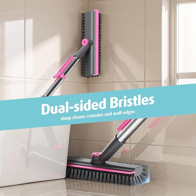 AIR U+ Floor Scrub Brush with Long Handle, 4 in 1 Floor Scrubber & Squeegee | Small Scrubber with Stiff Dual-Sided Bristles and Rotating Head for Shower, Bathroom, Bathtub, Kitchen and Patio, Pink