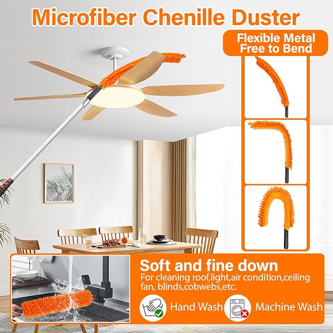 26FT High Reach Duster Cleaning Kit with 5-20 FT Extension Pole | High Ceiling Dust and Window Clean Kit with Microfiber Feather Duster,Cobweb Duster,Ceiling Fan Duster,Window Squeegee Clean