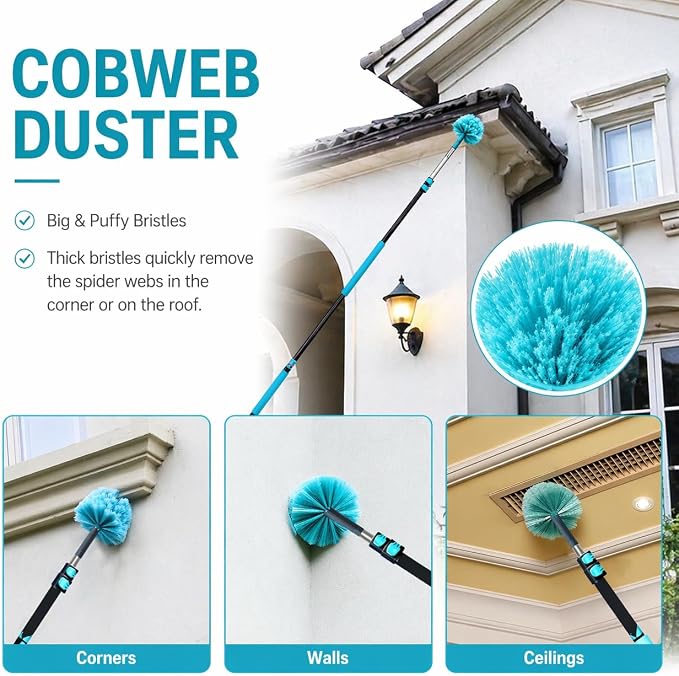 High Ceiling Duster Kit with 3-8FT Heavy Duty Extension Pole, Reaches Up to 13FT, Includes Microfiber Feather Duster, Cobweb and Ceiling Fan Duster, Window Squeegee Cleaner & Skylight Hook (8FT)