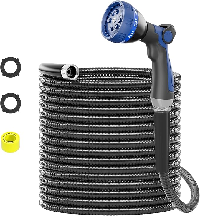 SPECILITE 75ft 304 Stainless Steel Metal Hose (Black) with Blue Nozzle | Puncture Resistant, Flexible, Never Kink & Tangle, Heavy Duty Water Pipe for Yard, Outdoor, Lawn