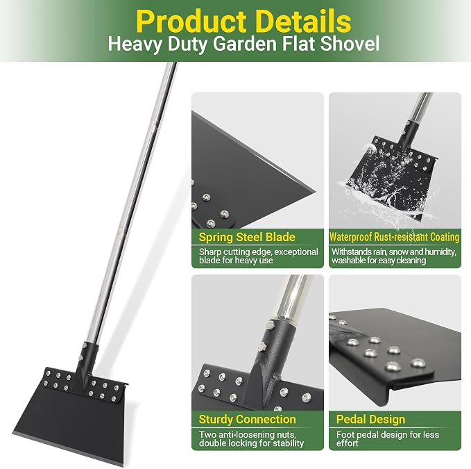 Weed Scraper 65 Inch Garden Flat Shovel with 11in Spring Steel Blade | Heavy Duty Multi Weeding Shovel with Long Handle Floor Scraper for Ice, Snow, Weed, Dirty, Moss, Driveway, Lawn Edging