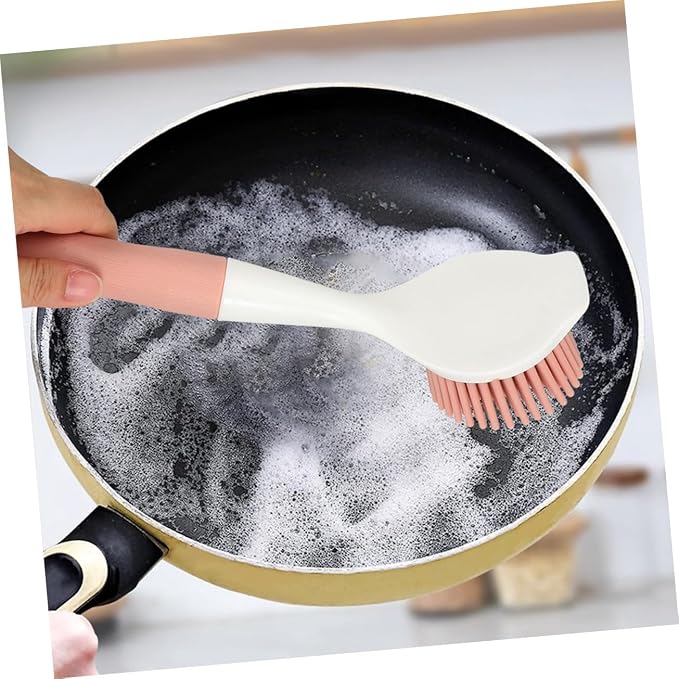 2Pcs Kitchen Dish Scrubber Brush Set Non-Scratch Silicone Pot Brush with Long Comfortable Handle for Effective Oil and Stain Removal on Pans and Dishes