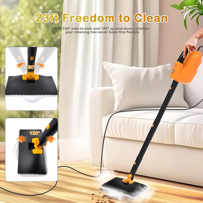 GHORA Steam Mop, All-in-one Handheld Steam Cleaner with 13 Attachments, 23FT Cord, 11.83OZ Removable Tank, Adjustable Height Steam Mops for Floor Cleaning, Hardwood Floors, Carpets, Tiles, Windows