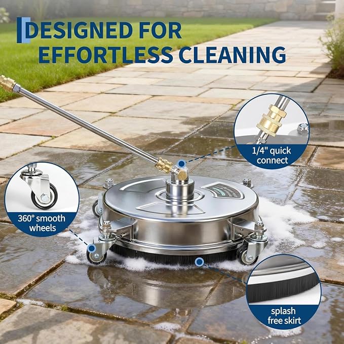 16.5" Pressure Washer Surface Cleaner, 4000 PSI Stainless Steel Power Washer Attachment with 4 Wheels and 2 Extension Wands, 1/4" Quick Connect for Cleaning Driveways, Concrete