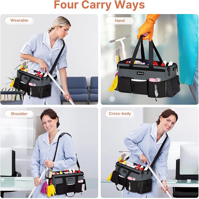 JKAOO Large Wearable Cleaning Caddy Bag with Handles, Gray | Adjustable Shoulder & Waist Straps, Removable, Waterproof Tote for Cleaning Supplies, Home, Car, Office