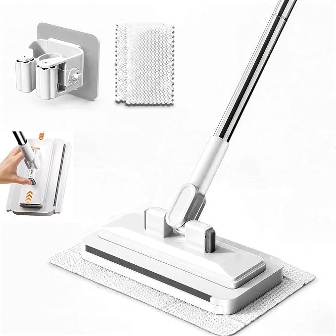 Hands Free Flat Mop, 43.4" Handle, Shark Grip, 2-in-1 Mop & Glass Scrubber | Clamp Mop: Zero-Touch Release, Works with Any Fabric, Long Handle No Bending, Glass Squeegee
