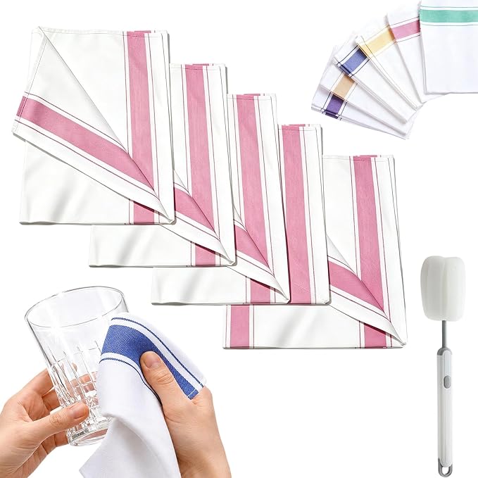 Premium Cotton Glass Cleaning Cloth, Highly Absorbent Wine Glass Polishing Cloths, Streak Free Lint-Free, Reusable Fast Drying Towels Polish Cloth for Glass Window Mirror (5*Pink, 13 * 20in)
