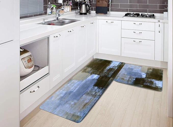 TOMWISH Blue Kitchen Rugs Blue and Brown Abstract Art Painting Kitchen Décor