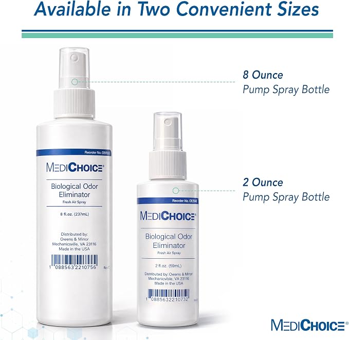 MediChoice Biological Odor Eliminator Spray, 8 Oz Fresh Scent Pump Bottle - Dye Free, Quick Drying, Ideal for Fabric, Skin, Hair - Odor Neutralizer for Home, Hospital, Health Care Clinic