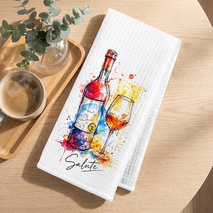 2 Pcs Graffiti Wine Kitchen Towels, Italian Gifts Reusable Dish Towels | Waffle Weave Hand Cloth Tea Towel for Kitchen Bathroom Home Decor, Wine Lover Gifts for Women Mom Friend 24x14 Inch