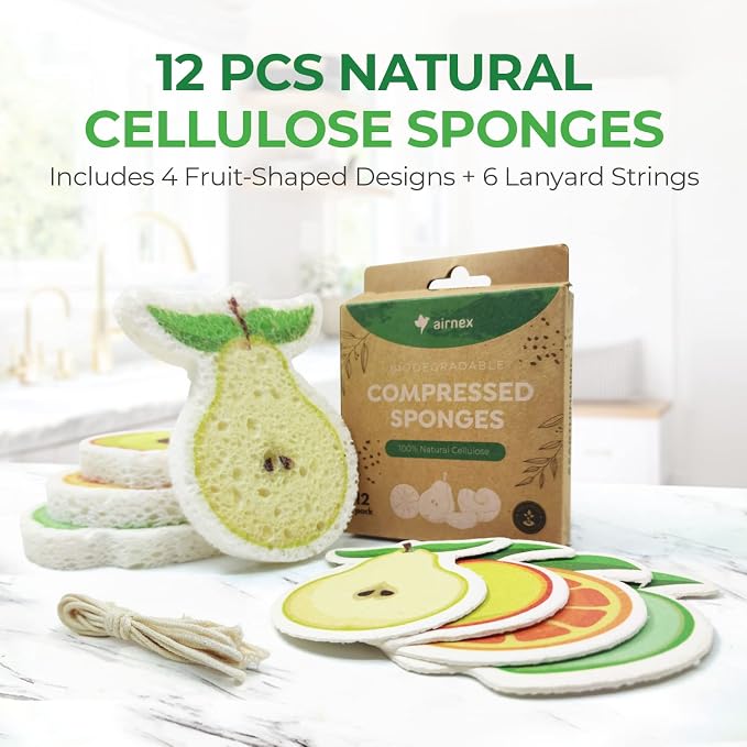 AIRNEX Compressed Cellulose Sponges - 12 Pack Fruit Shaped Natural Pop Up Dish Sponge for Kitchen - Compostable, Plant-Based, Non Scratch Cleaning Sponges Bulk for Dishes & Household Cleaning