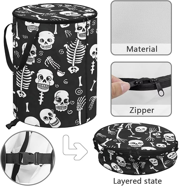 Collapsible Trash Can with Lid and Handles 24 Gallon Large Capacity Foldable Garbage Can for Camping Outdoor Reusable Waster Bag Black Skull Print