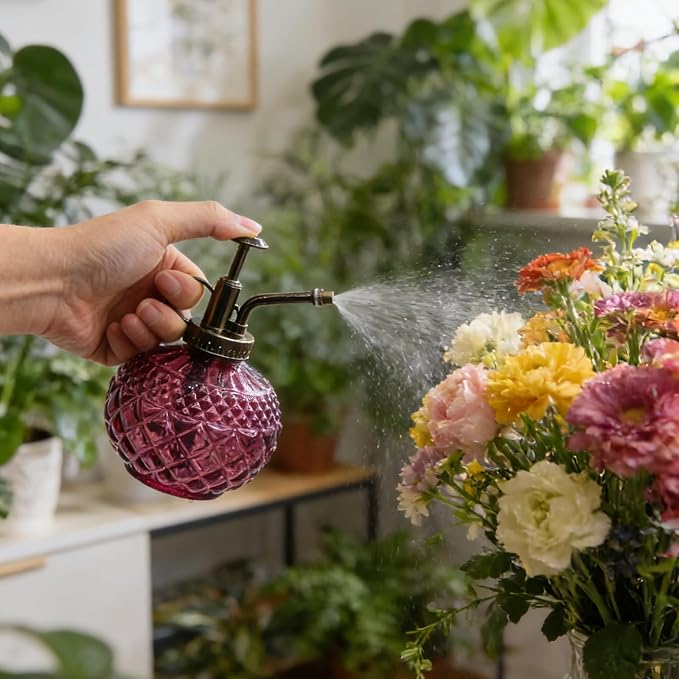OFFIDIX Plant Mister, Amaranth Glass Decorative Vintage Spray Bottle 10 oz | Glass Mister with Plastic Pump, 300ML Small Watering Can Decorative for Indoor Outdoor Succulent Garden Cleaning Empty Bottle
