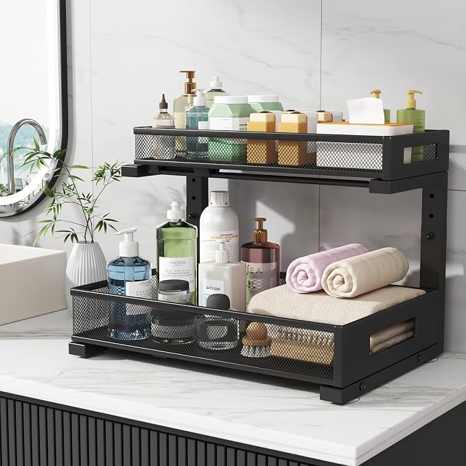 1 Pack 17IN Depth Under Sink Storage Organizer, Large 2-Tier Elegant Mesh Pull Out Shelf for Kitchen and Bathroom Cabinet Organization, L-Shaped and Adjustable Height Design-Black