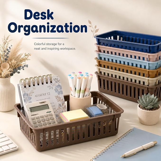 gisgfim 12 Pack Classroom Small Plastic Baskets for Organizing Mini Pencil Crayon Storage Bins Classroom Container Boxes for School Teacher Supplies Home Office Desk 6.1" L X 4.7" W X 2.4" H (Retro)