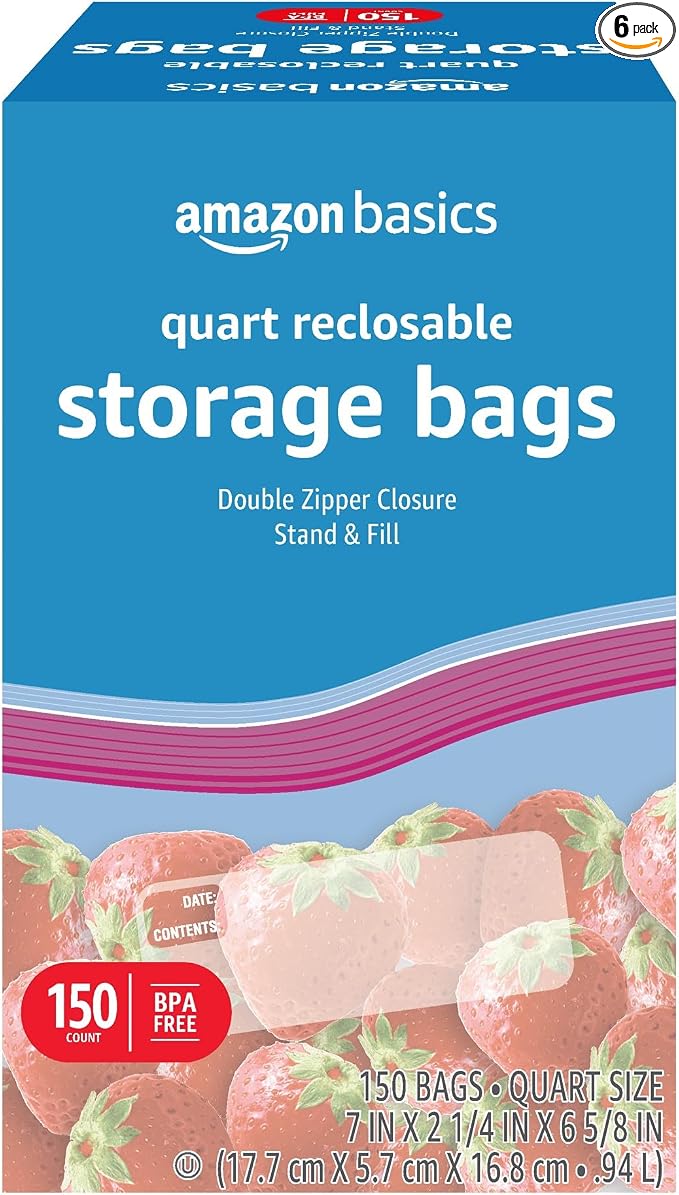 Amazon Basics Reclosable Quart Food Storage Bags with Double Zipper Seal, BPA Free, 150 Count (Pack of 6)