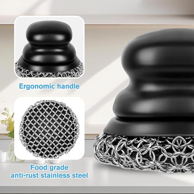 Cast Iron Scrubber (2 × Black Coarse Mesh) and and Scraper, Chain Mail Scrubber for Cleaning Stock Pots, Pans, Griddles, Grills, Cast Iron Skillets, Dish Scouring Pads