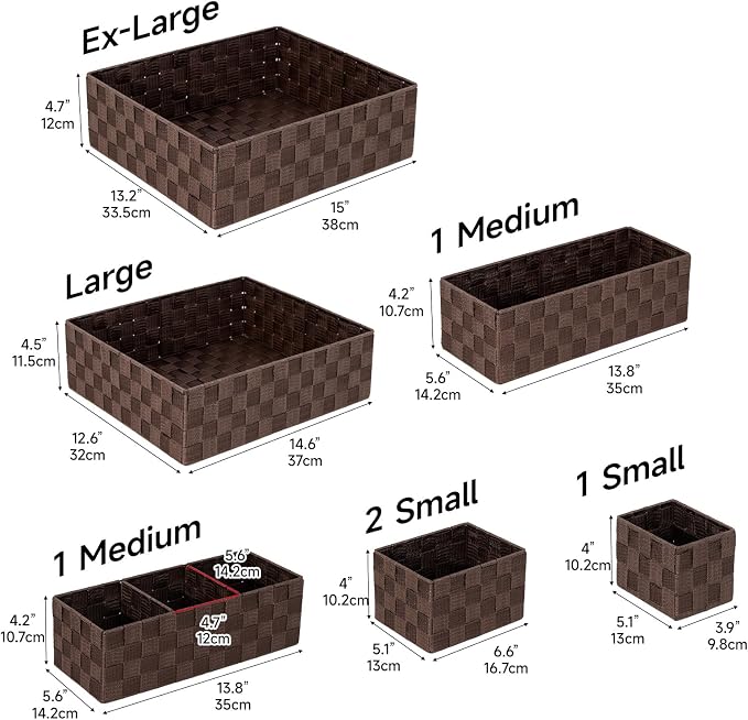 Set of 7 Nested Woven Cube Baskets, Drawer Organizers in Multi-sizes | Ribbon Checker Storage Bins for Organizing Desk, Dresser, Kitchen, Pantry