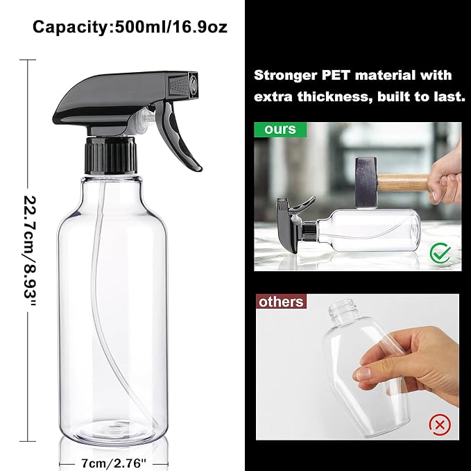 Plastic Spray Bottles 16.9oz 2 Pack Adjustable Mist/Stream Spraying | Refillable heavy duty spray containers for plants, cooking, hair care and household cleaning