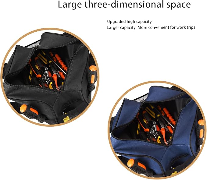 FASTECH 14 Inch Small Tool Bag, Wide Mouth Tool Tote Bag, Waterproof Tool Organizer Bag, Electricians Repairman Tools Tote Bag Double Fabric Storage Bag (Black+Blue)