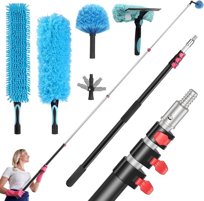 Ceiling Fan Duster Kit with 12 FT Telescoping Pole – 6-Piece Set – Screw-On Cobweb Duster & Squeegee Heads – Washable Bendable – 3/4" Universal Fit – House Cleaning Kit, Blue