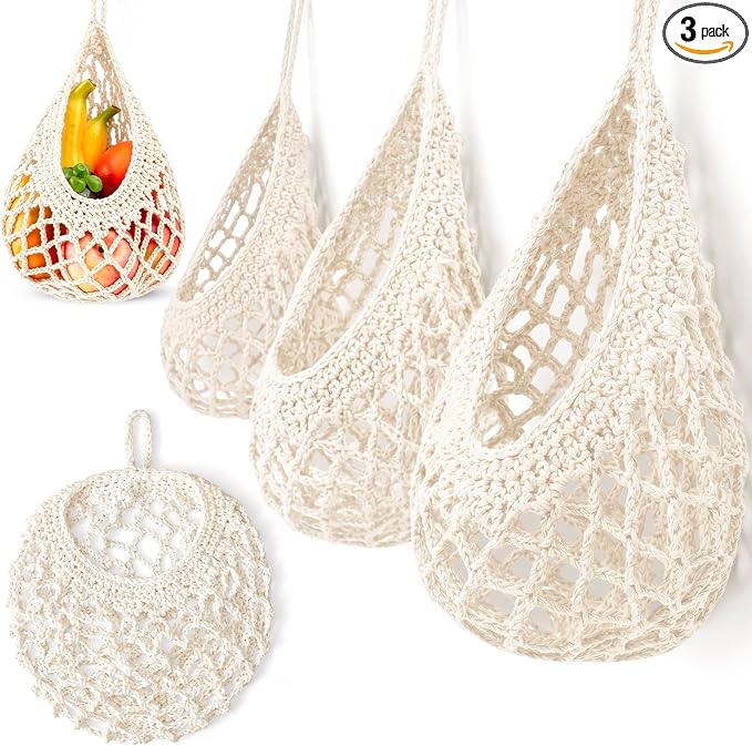 3 Hanging Baskets,White,Crochet,Cotton Rope | Wicker Wall Baskets with Hooks for Fruit Vegetable Onion Storage, Teardrop Organizer for Kitchen, Boho Farmhouse Decor