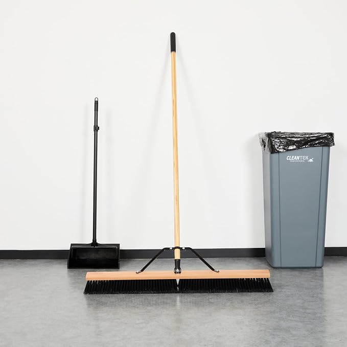 Restaurantware-Clean Tek Professional 36 Inch Push Broom, 1 Heavy-Duty Broom with 60â€ Handle - Fine Plastic Bristles, Durable, Wooden, Commercial Use, for Deck, Driveway, Garage, Yard, Patio