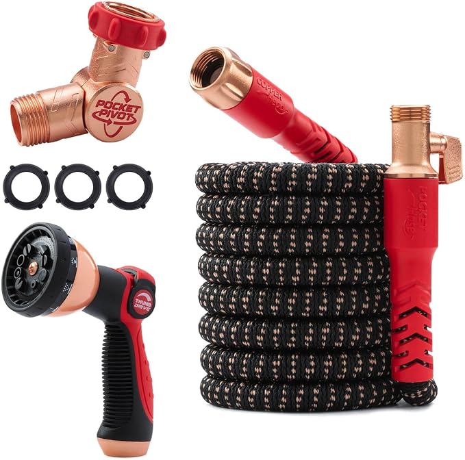 Pocket Hose 50 FT Copper Head Expandable Garden Hose, As Seen on TV | Anti-burst sleeve reinforced with bulletproof fiber, 360° swiveling pocket pivot connector, lightweight compact design