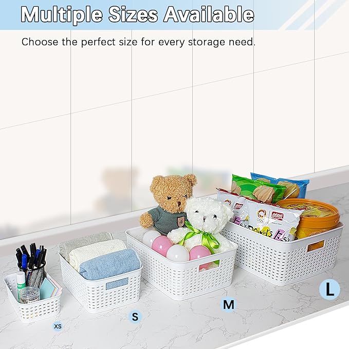 Plastic Storage Baskets for Cabinets, Household Pantry Organization with Handle,Organizer Bins for Room,Bathrooms,Under-Sink,Kitchen (White, M-3PACK)