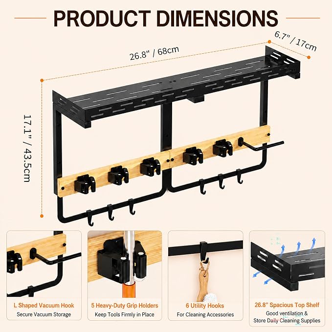 Mop and Broom Holder Wall Mount with Shelf,Vacuum holder,5 Grips,6 Hooks | 3-in-1 Cleaning Supply Wall Organizer,Top Shelf with Railing,Storage Rack for Laundry Utility Garages Kitchens,