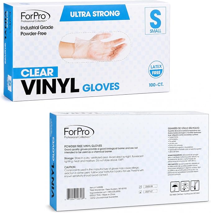 ForPro Disposable Vinyl Gloves, Industrial Grade, Powder & Latex Free, Non-Sterile, Food Safe, 2.75 Mil Palm, 3.9 Mil Fingers
