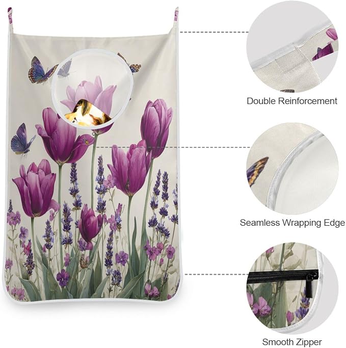 Purple Tulilp Butterfly Hanging Laundry Hamper Door Hampers Bag Basket with Stainless Steel Hooks Oxford Fabric Printing Decorative Clothes Bags 29.5X20inch 2Pack