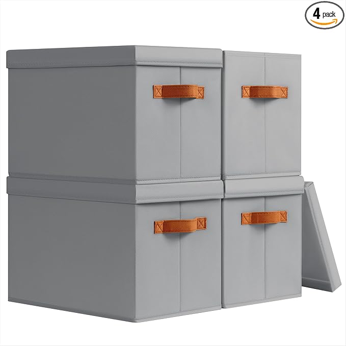 Storage Bins with Lids - Fabric Storage Baskets for Shelves, 4 Pack Foldable Decorative Boxes with Handles, Stackable Organizer Bins for Home, Nursery, Dorm, Grey