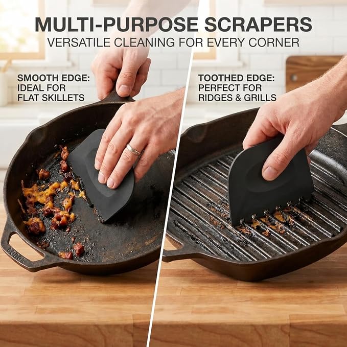 Cast Iron Scrubber (2 × Black Coarse Mesh) and and Scraper, Chain Mail Scrubber for Cleaning Stock Pots, Pans, Griddles, Grills, Cast Iron Skillets, Dish Scouring Pads