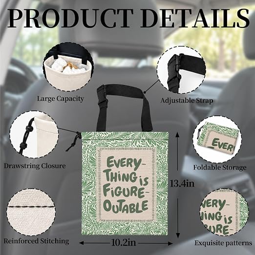 Green Botanical Inspirational Car Garbage Bag Canvas Trash Can | Everything Is Figureoutable Drawstring Car Trash Bag Hanging for Back Seat with Adjustable Buckle