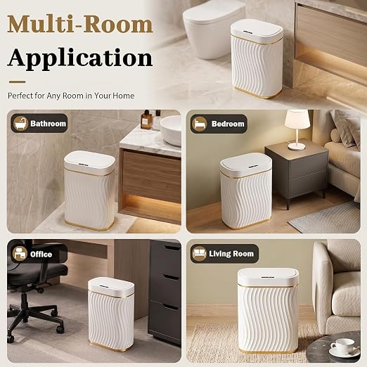 5 Gallon Automatic Bathroom Trash Can with Touchless Lid, White Gold | Motion Sensor Trash Can with Slim Waterproof Body; Small Plastic Garbage Can, hands-free lid for Bedroom, office, and kitchen