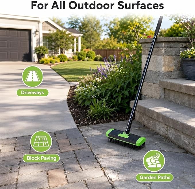 3-in-1 Versatile Weed Brush Combo Set, Floor Scrub Brush | With Long Handle, Deck Brush Gap Cleaning Brush & Metal Weeding Hook for Patio,Concrete, Driveway &Outdoor Cleaning(2-Set)