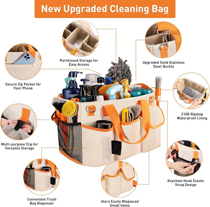 Wearable Cleaning Caddy Bag, X-Large Cleaning Supplies Organizer Housekeeping Supply Caddy Detailing Bag with Handle Removable Shoulder Waist Straps for Tools Products Housekeepers Car Home